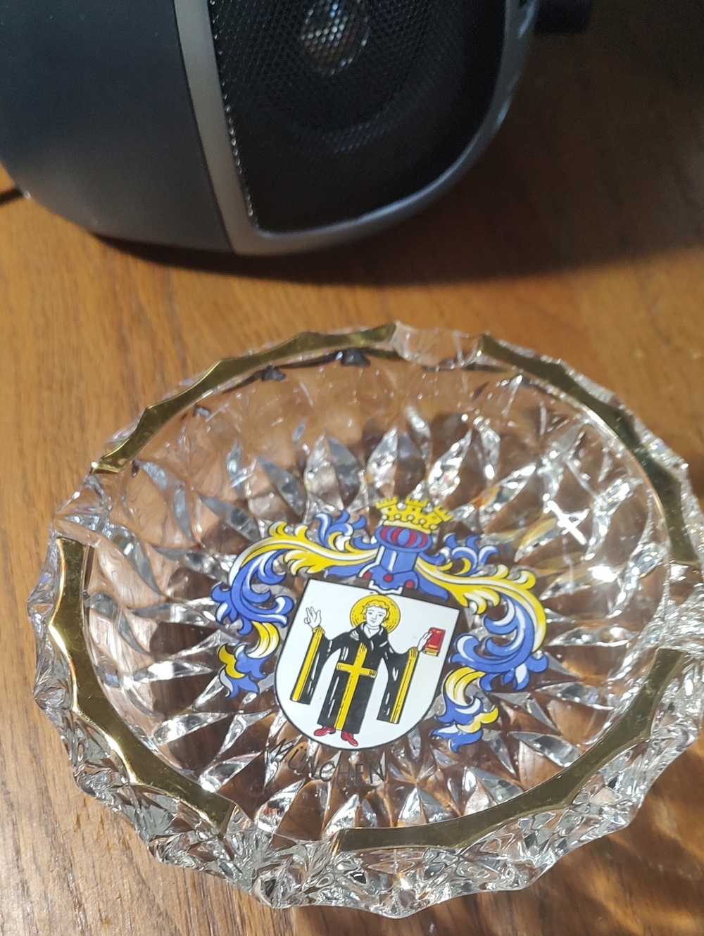 Vintage Glass Ashtray with Gold Rim and Colorful Crest
